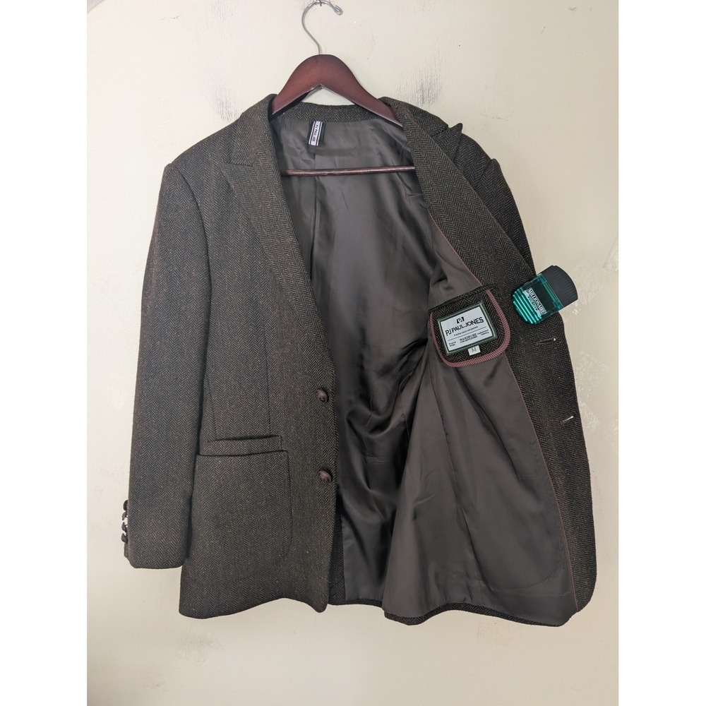 PJ Paul Jones Mens M Brown Herringbone Blazer Crest Buttons Academic wool blend